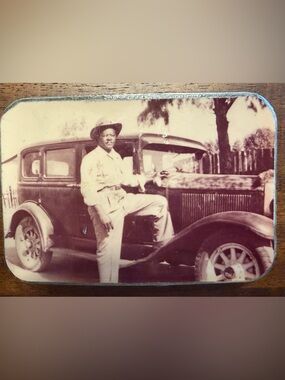 Upcycled Belt Buckle - Man with Classic Car